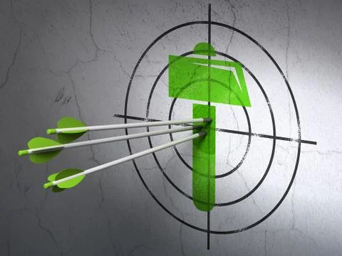 Constructing concept: arrows in Hammer target on wall background Stock Illustration
