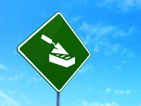 Constructing concept: Brick Wall on road sign background Stock Illustration