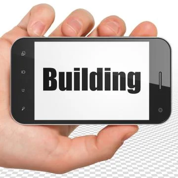 Constructing concept: Hand Holding Smartphone with Building on display Ilustração Stock