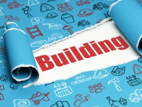 Constructing concept: red text Building under the piece of  torn paper Stock Illustration