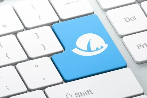 Constructing concept: Safety Helmet on computer keyboard background Ilustración de archivo