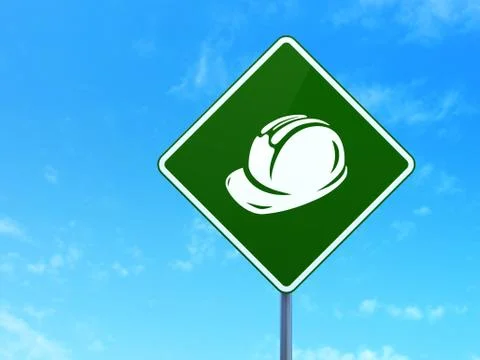 Constructing concept: Safety Helmet on road sign background Stock Illustration