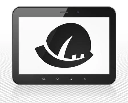 Constructing concept: Tablet Pc Computer with Safety Helmet on display Ilustración de archivo