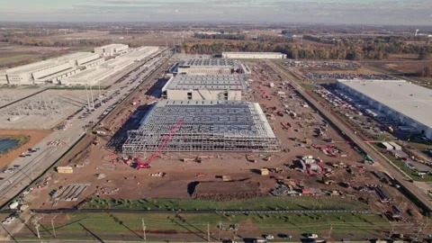 Constructing data center centers building complex in New Albany, OH from drone Stock Footage 340428740