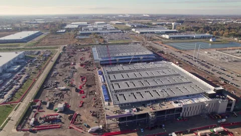 Constructing data center centers building complex in New Albany, OH from drone Stock Footage 340428753