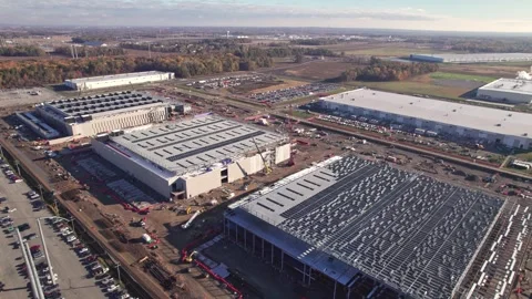 Constructing data center centers building complex in New Albany, OH from drone Stock Footage 340428775