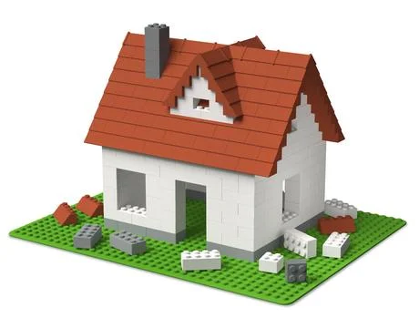 Constructing a house of toy building block tiles 3D Illustration