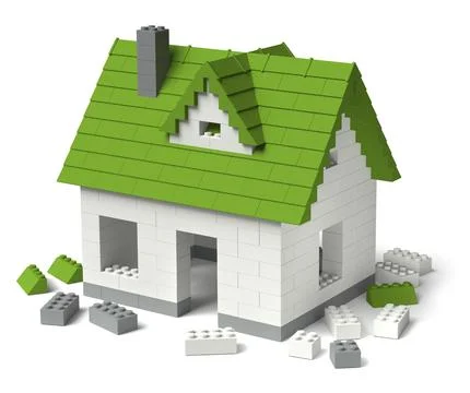 Constructing a house of toy building block tiles 3D Stock Photos