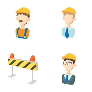 Constructing professionals and safety barrier icon set Illustration