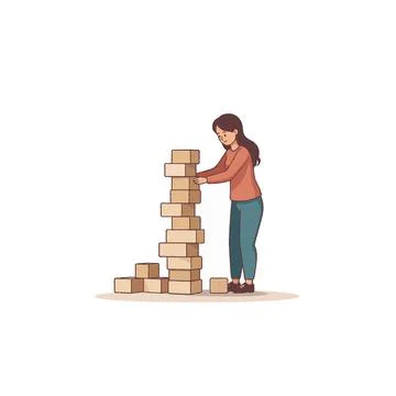 Constructing a tower: A woman engaging in creative building, demonstrating .. Illustrazione stock