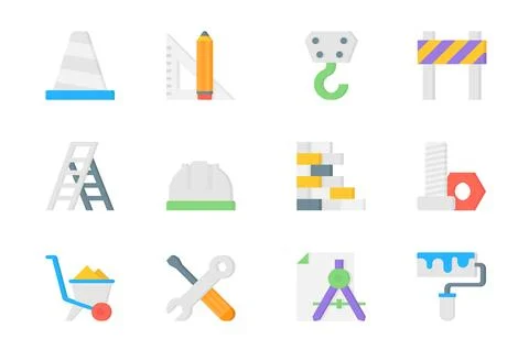 Construction 3d icons set. Pack flat pictograms of traffic cone, ruler and .. イラスト素材