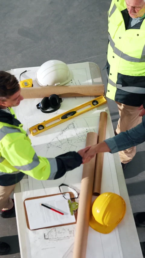 Construction, above and men with blueprint, handshake and agreement for building Stock Footage 342321818