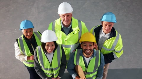 Construction, above or team on site with face, contracting staff or ambition in Stock Footage 341547747
