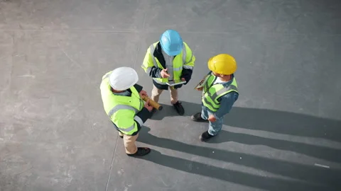 Construction, above or team on site with tablet, progress track or task brief Stock Footage 341563727