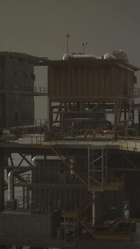 Construction activity on oil platform in industrial area under overcast sky Stock Footage 335690897
