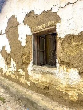 Construction of the adobe wall, composite materials made of earth mixed with Stock Photos