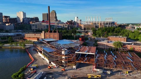 Construction advances on Cleveland’s Riverfront project beside Cuyahoga River Stock Footage 327372574