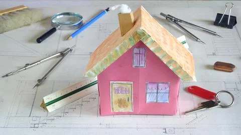 Construction and architecture concept.Fictional drawing and plan Stock Photos
