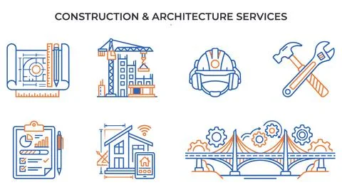 Construction and architecture industry line art icon collection with building Stock Illustration