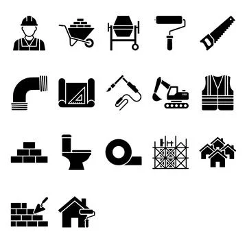 Construction and building icons set including worker, wheelbarrow with bric.. Stock Illustration