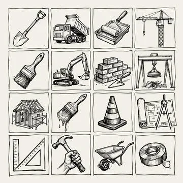 Construction and building industry tools and equipment collage, hand-drawn .. Stock Illustration