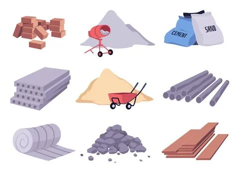 Construction and building materials vector set, cement sand heap, concrete mixer Ilustración de archivo
