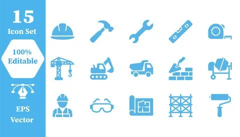 Construction and building site equipment icon set with construction, building Stock Illustration