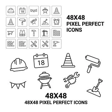 Construction and DIY icons set including hard hat, calendar, traffic cone, .. Stock Illustration
