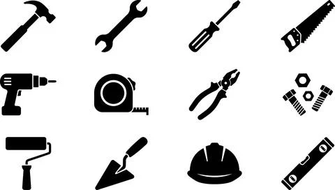 Construction and DIY Tools Black Silhouettes Set. Stock Illustration