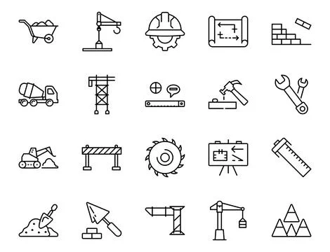 Construction and Engineering Building Industry Outline Line Icon Set Stock Illustration