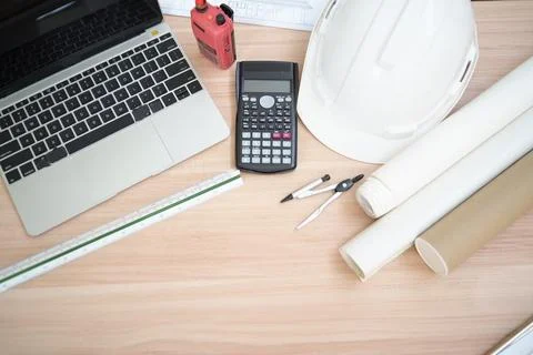 Construction and Engineering Equipment on Desk for Project Planning and Desig Stock Photos