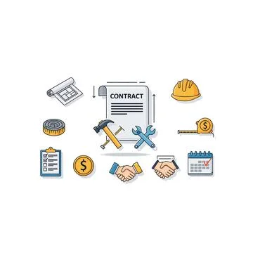 Construction and engineering icon set with tools and contract documents 스톡 일러스트