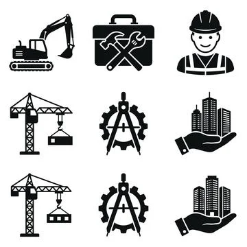 Construction and engineering icons including excavator, toolbox with tools,.. Stock Illustration