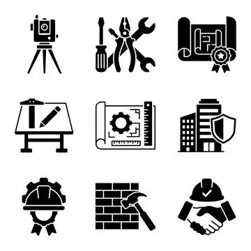 Construction and engineering icons set: blueprint, tools, surveying equipme.. Stock Illustration