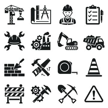 Construction and engineering icons set including crane, blueprint, worker, .. Stock Illustration