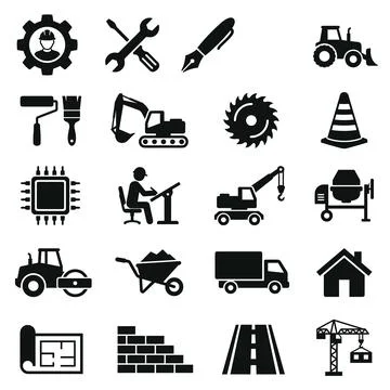 Construction and engineering icons set with blueprint, tractor, crane, exca.. Stock Illustration
