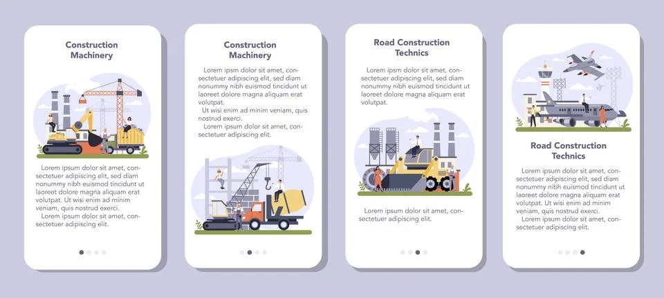 Construction and engineering industry mobile application banner set. Stock Illustration