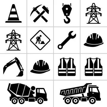 Construction and industrial icons set including traffic cone, pickaxe, cran.. Stock Illustration