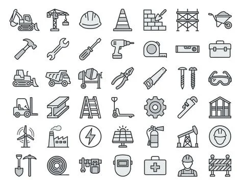 Construction and industry icons set featuring excavator, crane, hard hat, s.. Stock-Illustration