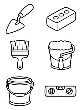 Construction and masonry tool coloring page line art set vector illustration Stock Illustration