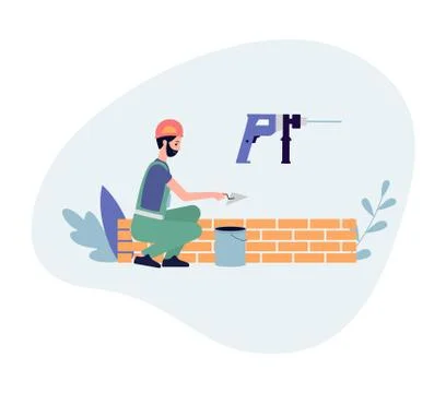 Construction and masonry works with bricklayer flat vector illustration isolated Stock Illustration