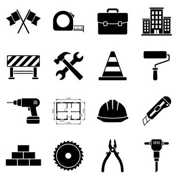 Construction and renovation icons set including tools, safety equipment, bu.. Stock Illustration