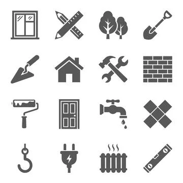 Construction and renovation icons set: window, pencil and ruler, trees, sho.. Stock Illustration