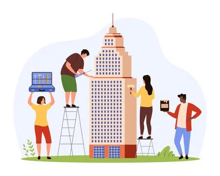 Construction and renovation of skyscraper by builders, city architecture Stock-Illustration