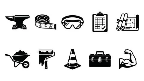 Construction and renovation tools icon collection for building. Ilustración de archivo