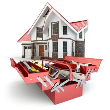 Construction and repair concept. toolbox with tools and house, Ilustración de archivo