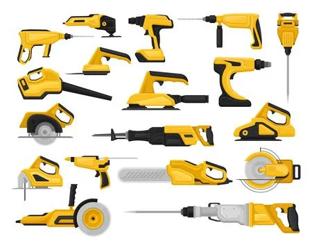 Construction and repair tools set.Drill, jackhammer, grinder, hacksaw, saw Stock Illustration