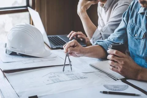 Construction and structure concept of engineer working drawing on blueprint m Stock Photos