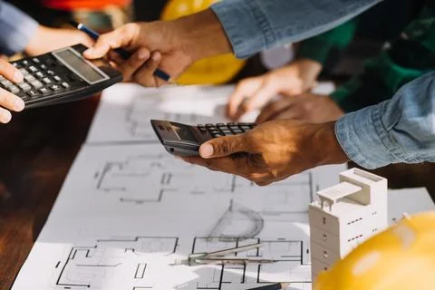 Construction and structure concept of engineer working drawing on blueprint.. Stock Photos