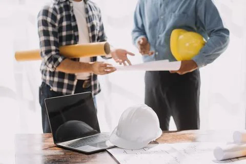 Construction and structure concept of engineer working drawing on blueprint.. Stock Photos